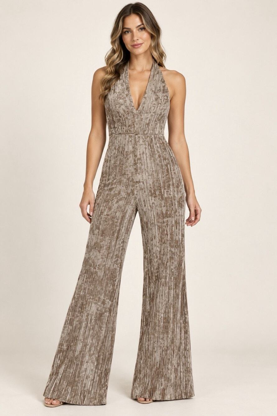 Black Halo Size 4 Pleated Velvet Halter Wide Leg Jumpsuit Taupe Made in USA